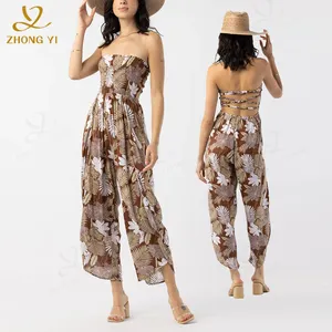 Celana rumbai motif bunga, pakaian Jumpsuit ramping kasual musim panas wanita kustom pinggang tinggi punggung terbuka tanpa tali