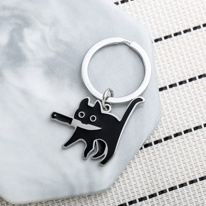 Niedlicher schwarzer Katzen-Schlüsselanhänger aus Emaille-Metall mit Messer, kreativer Cartoon-Tier-Schlüsselring, lustiger Taschenanhänger, kleines Neuheiten-Geschenk für - Product Image 5