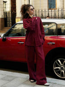 Хлопковый костюм с воротником-бабочкой: рубашка и брюки, европейско-американский стиль, весна-лето, новинка, свободный крой, длинный рукав, повседневный, выше колена, женский - Product Image 3