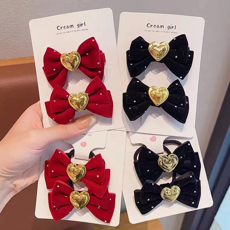 2 pcs/Set French Style Velvet Bow Tie Hair Clip And Hair Band High Stretch Classic Hair Accessories For Girls