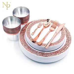 Nicro 150 Cái Tem Nóng Fancy Bộ Sạc Tiệc Cưới Dùng Một Lần Bộ Đĩa Nhựa Màu Vàng Hồng Bộ Đồ Ăn Trang Trí Đám Cưới