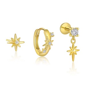 Elegante Pendiente de Aro con <span class=keywords><strong>Cadena</strong></span> de Flecos y Estrella de Ojo de Caballo en <span class=keywords><strong>Plata</strong></span> de Ley 925, con Circonita y Baño de Oro, Ideal para Regalo de Compromiso - Product Image 2