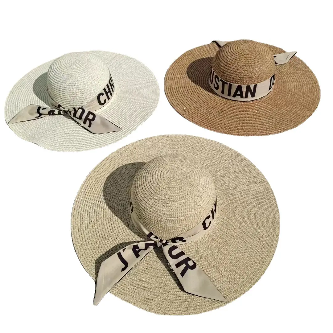모자를 따라 큰 여자 여름 잔디 브레이드 태양 모자 세련된 리본 영어 편지 밀짚 모자 야외 태양 해변 Opp 가방