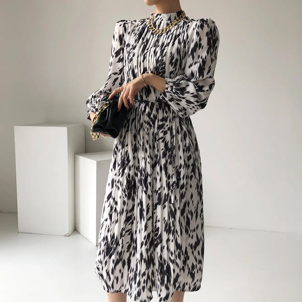 Spring Dresses for Women Long Sleeve Knee Length Casual Vintage Floral White Print Korean Elegant Straight Chiffon Dress 2022