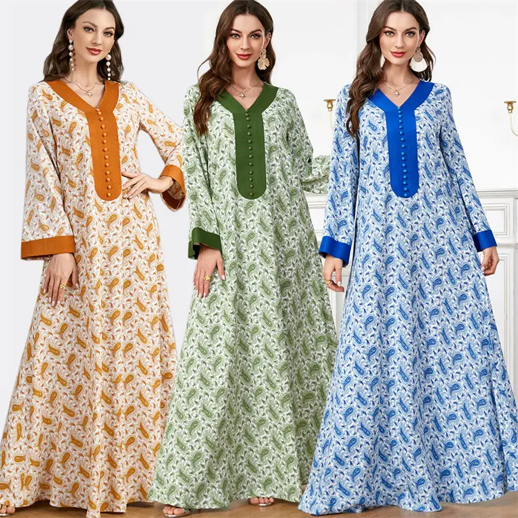 Yüksek kaliteli kaftan abaya tasarımlar son müslüman kadınlar zarif v yaka kaftan elbise