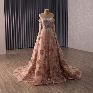 251147 Vestido de Fiesta Formal Elegante con Cuello Barco, Color Marrón, con Lentejuelas y Flores 3D, Corte en A - Product Image 2