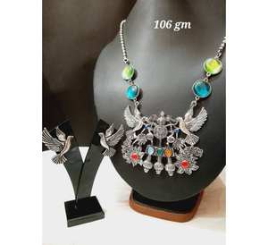 Conjunto de Collar chapado en plata para mujer, ropa de boda hindú, diseño de pájaro, piedra de cuarzo, collares con colgante de moda, conjunto multicolor - Product Image 3