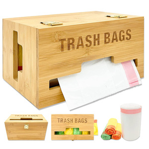 Wooden Trash Bag Organizer Rectangular Natural Wood Color Covered Standing Type <b>Kitchen</b> <b>Storage</b> <b>Box</b> - Product Image 1