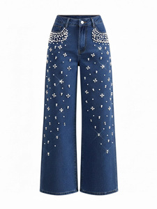 <span class=keywords><strong>Jean</strong></span> en denim décontracté pour femme Huangqiu de haute qualité, orné de perles, coupe ample, jambe large, taille haute, teinte bleue - Product Image 3