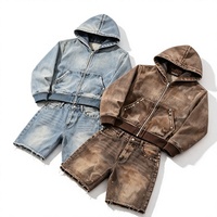 Ensemble 2 pièces homme : Sweat à capuche en jean brodé oversize et short zippé délavé, coupe courte et effilochée, tailles et couleurs personnalisables, collection automne
