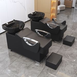 Fauteuil de lavage noir pour salon de coiffure, poste de lavage rembourré avec évier et repose-pieds pour salon de coiffure - Product Image 3
