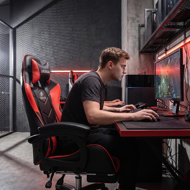 Cheap RGB LED Ergonomic PU Leather Gaming Chair with Extendable Reclining Massage 360 Degree Swivel 2-Stage Gas Lift-Black Red