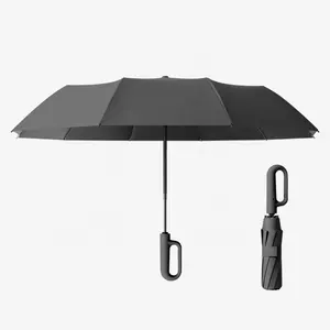 2024新製品持ち運びに便利ユニークな卸売フックループロックハンドル付き自動3つ折り傘