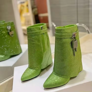 Bottes courtes à talon compensé pour femmes, style créateur, avec strass brillants et fermoir métallique Shark, bottes hautes au genou - Product Image 6