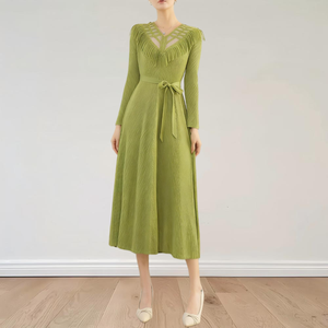 Vestido Midi Plisado Miyake con Cinturón, Vestidos Modestos de Manga Larga para <span class=keywords><strong>Mujer</strong></span>, para Iglesia, Color Sólido, Holgado, Casual, Tallas Grandes - Product Image 1