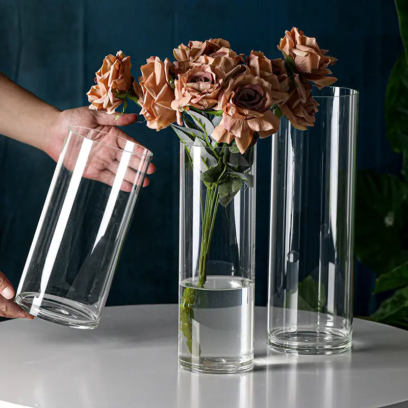 Vase de sol en verre transparent à grand cylindre pour la décoration de la maison Vases en cristal pour fleur