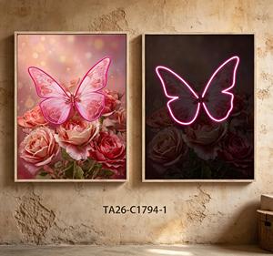 Set di 2 Stampe su Tela con Farfalle Rosa e Rose, Effetto Neon, Dipinti Floreali Romantici con Cornice - Product Image 5