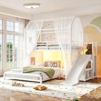 Letto a Castello Moderno in Metallo per Bambini con Scivolo, Scala, Striscia LED, Tenda, Armadio Mobile e Asta Appendiabiti - Salvaspazio, OEM