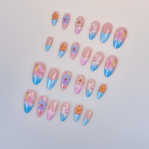 24 Pièces Nouveaux Ongles Français 3D à Fleurs, Faits Main en Résine, Pré-décorés, à Presser, Amovibles, Forme Amande, <span class=keywords><strong>Faux</strong></span> Ongles - Product Image 4