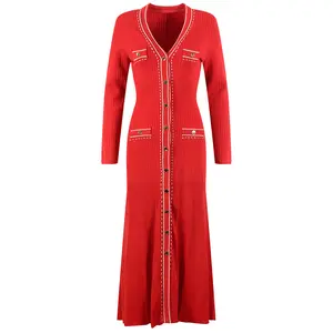 定制设计欧式春夏法国v领撞色装饰针织修身长性感夜红色连衣裙女