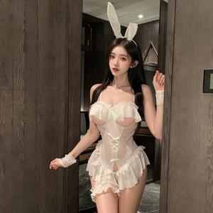 Ensemble uniforme de fille lapin mignon avec dentelle, combinaison à entrejambe ouvert, costume sexy pour femme, robes fantaisie, couleur unie, polyester fin - Product Image 1