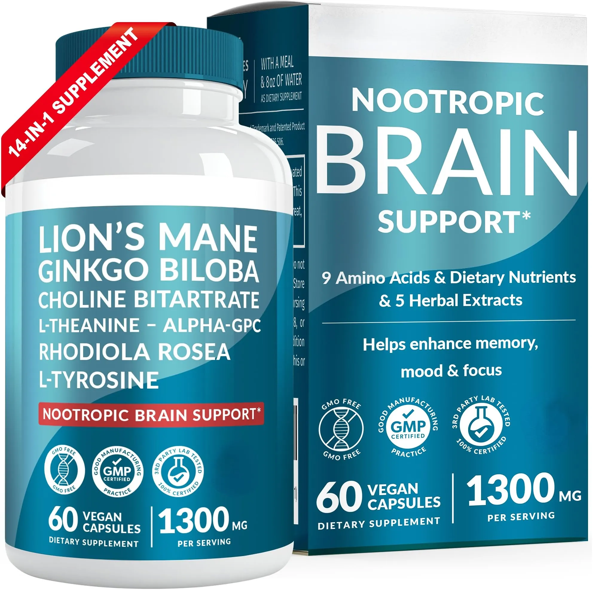 14-in-1 Lions Mane Pilzkapsel Nootropisches Hirn-Supplement mit Ginkgo Biloba für Gedächtnisfokus L-Theanin-Cholin-Kapseln