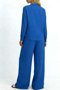 ALBBIA021 Royal Blue Casual Woven Linen Crepe <b>Set</b> Button Detail <b>Blazer</b>-Style Asymmetric Wrap Top Wide-Leg Trousers (Daily Wear) - Product Image 2