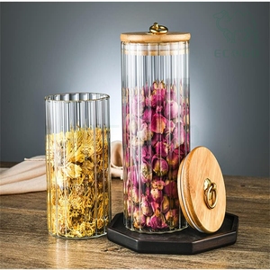 Boîtes de rangement pour épices, noix, thé, café, contenants alimentaires, pots en verre avec couvercles en bambou, hermétiques et à rayures - Product Image 3