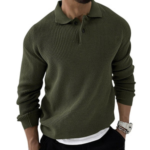 Pull en maille à col pour homme, manches longues, coupe ajustée, vert armée, beige, noir, kaki, gris foncé, mode jeune, automne 2025 - Product Image 5