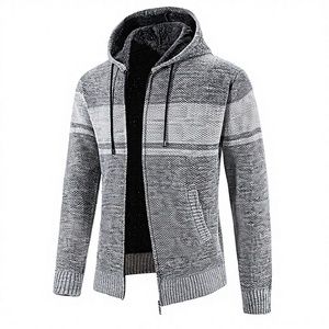 Hot Sale Men's Winter Hooded <b>Cardigan</b> Jacket with Zipper Closure <b>Thick</b> Velvet Fabric Anti-shrink Feature Striped Mandarin Collar - Product Image 2