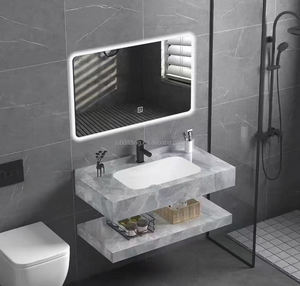 Lavabo Senza Giunture 60-80cm in Pietra Sinterizzata con Angoli Smussati, Specchio LED Incluso, Mobile Bagno Minimalista Moderno - Product Image 4