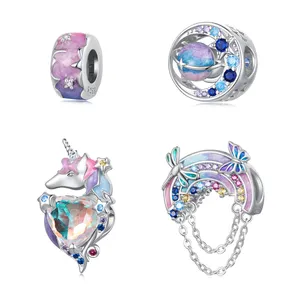 JEEVA 925 Perak Murni Enamel Unicorn Beads Rainbow Charms untuk Wanita Gelang dan Gelang DIY