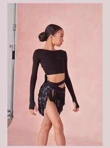 Rok dansa Latin rumbai gaun dansa panggung Fashion punggung terbuka hitam untuk samba Rumba <span class=keywords><strong>Chacha</strong></span> pakaian kostum pertunjukan - Product Image 2