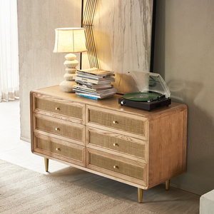 Buffet moderne en bois massif et rotin à 6 tiroirs, <span class=keywords><strong>commode</strong></span> double en osier tressé style bohème chic pour rangement chambre/salon, meuble TV - Product Image 4