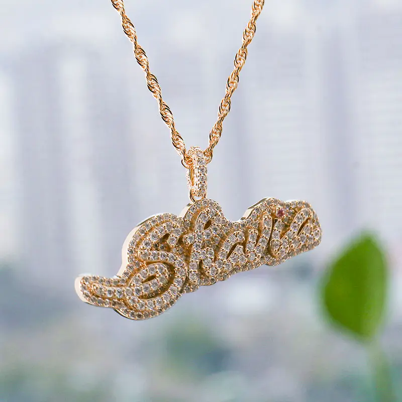 Trendy custom name pendant chain with diamond real 18k for high quality women custom jewelry