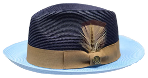 . Chapeau Fedora en paille respirant pour homme - Bicolore marine et bleu clair avec plume - Product Image 4