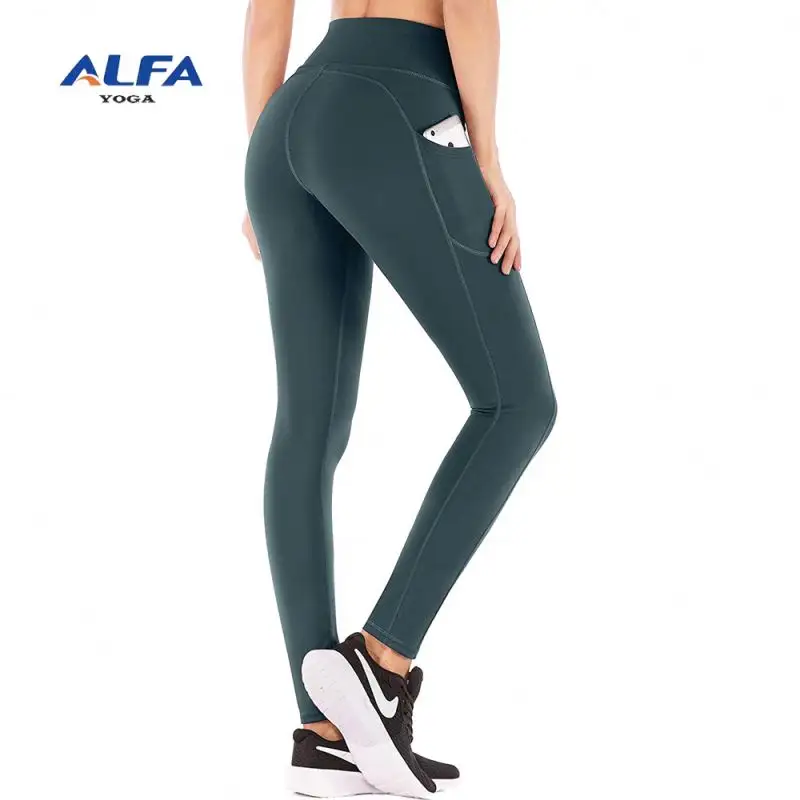 Alfa Women Tummy Control Workout Pants 4 Way Exercise Stretch Yoga Leggings High Waist Solid Yoga Pants With Pockets