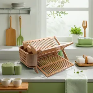 Двухярусная Складная бамбуковая сушилка для посуды с держателем посуды, прочное кухонное хранилище для раковины, Дизайн OEM ODM