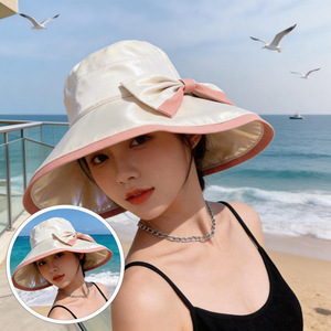 Sombrero de pescador de ala ancha con protección solar, transpirable, con lazo, para mujer, adulto, de color sólido, de algodón, plegable. - Product Image 1
