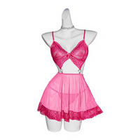 Ensemble de lingerie pour femmes, rose vif, avec charme en forme de cœur, pour l'été - ODM Y-Strap, dentelle tissée douce et maille en polyester, tenue érotique