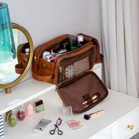 Nouvelle arrivée : Trousse de toilette pour homme en cuir PU, grande capacité, portable, sac cosmétique vintage, pochette de rangement de voyage