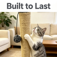 Arbre à chat avec poteau en sisal haut, base en tapis gris, boule suspendue en peluche, structure stable et zone de grattage verticale