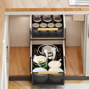 Panier coulissant à deux étagères pour le coin de la <span class=keywords><strong>cuisine</strong></span> Rangement des épices Organisateur avec poignée en bois <span class=keywords><strong>Tiroir</strong></span> de rangement coulissant - Product Image 5