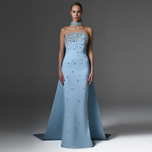 <span class=keywords><strong>Robe</strong></span> de soirée élégante pour femme, bleu clair, bustier, coupe sirène, avec traîne détachable ornée de cristaux et col ras-du-cou - Product Image 1