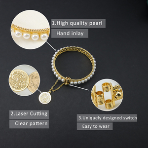Dubai Fashion Women's Pearl <b>Bangle</b> Bracelet 21k Gold Plated Elegant Gold Beads Open <b>Bangles</b> with Coin Pendant - Product Image 6