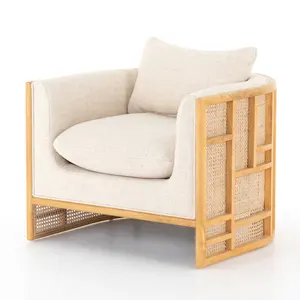 เก้าอี้โซฟาไม้เนื้อแข็งสำหรับพักผ่อนห้องนั่งเล่นผ้าหวายดีไซน์ทันสมัย