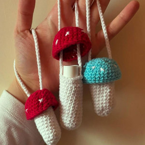 Crochet Mushroom Lip Balm Holder Red White Dots Beige Stem Reusable Keychain Cute Style Woven Pattern Lipstick <b>Bag</b> <b>Charm</b> - Product Image 5