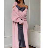 Cardigan décontracté pour femme en polyamide, coupe ample, col en V, longueur cheville, style lounge, en fausse fourrure de lapin, manches bouffantes douces