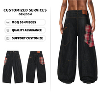Jeans YOFA personnalisés pour hommes, 100 % coton, délavage foncé, patchwork à carreaux, coupe ultra large, style streetwear, pantalon en denim baggy avec broderie ODM