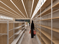 Étagère de supermarché autoportante double face robuste en bois et métal, personnalisable avec plan de conception interne 2D/3D gratuit